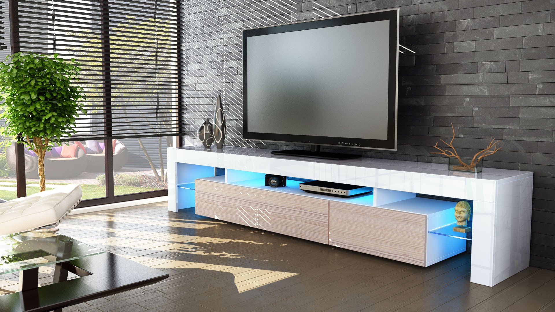 Meuble tv blanc 2 portes avec rehausse tv de salon design