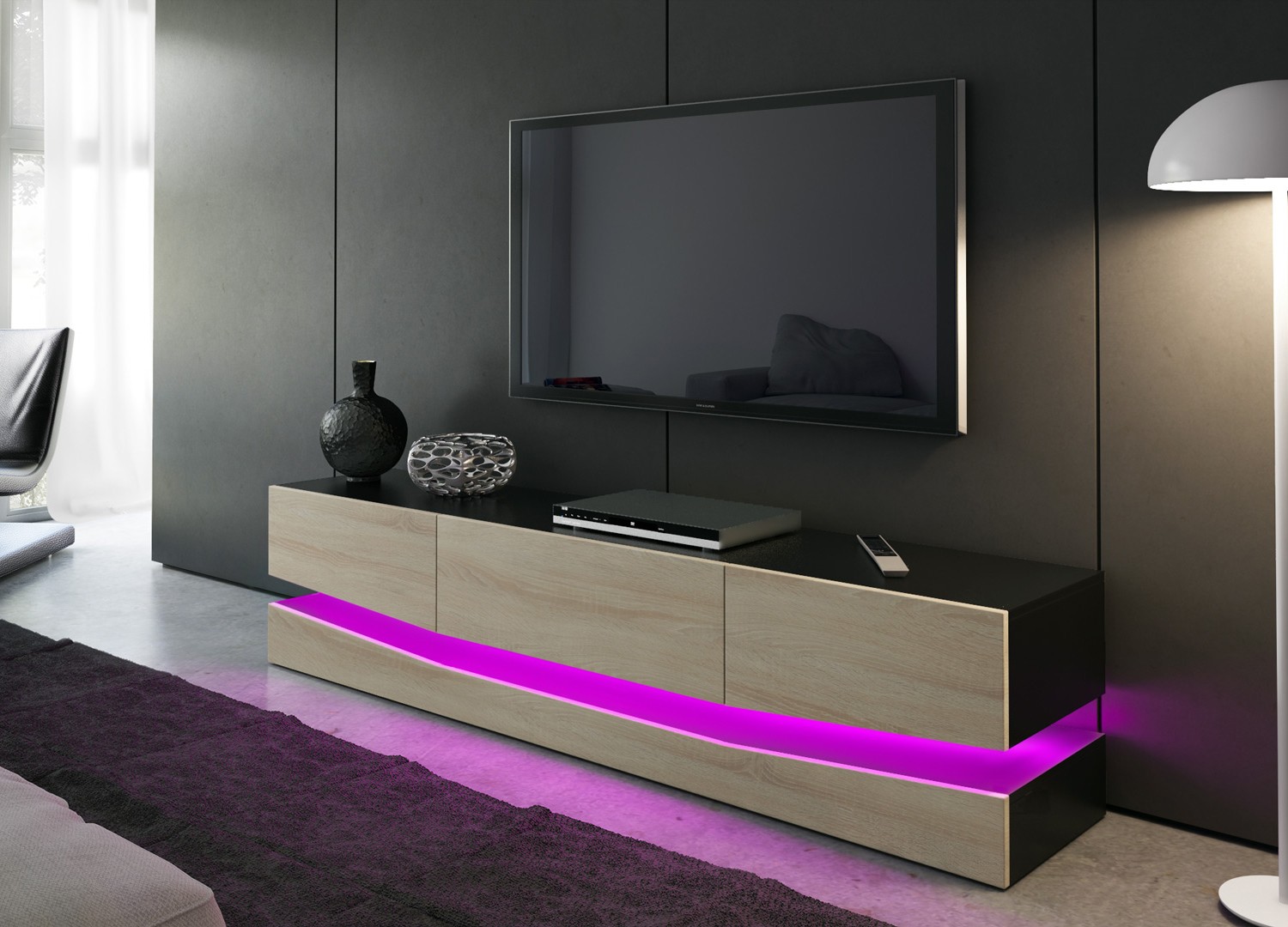 Meuble tv design suspendu noir à éclairage led rgb de salon