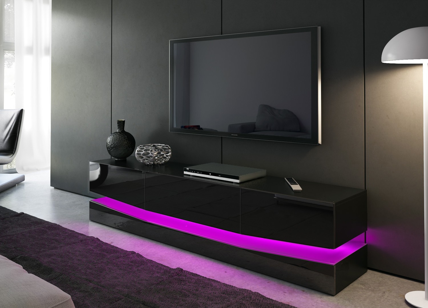 Meuble tv design suspendu noir à éclairage led rgb de salon