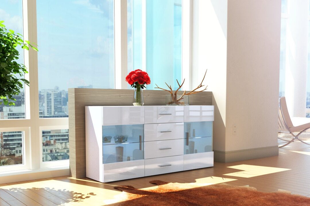 Meuble buffet blanc laqué mat et bois 3 portes et 6 tiroirs