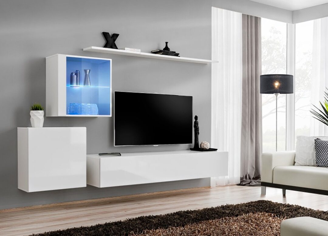 Meuble télé mural suspendu blanc à led