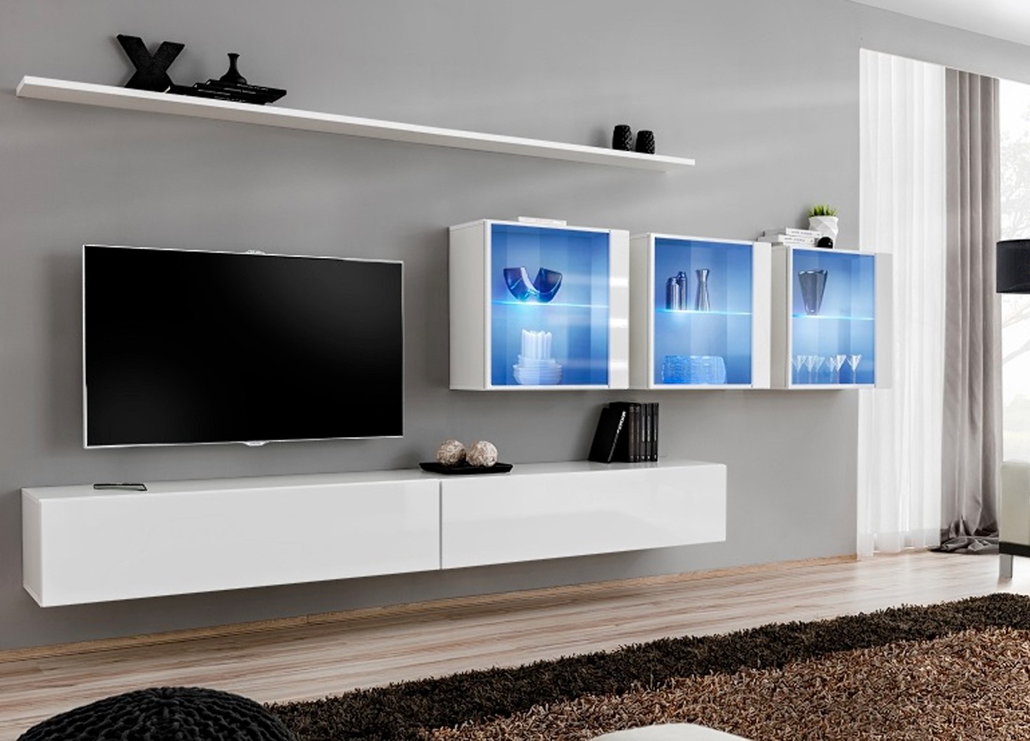 Ensemble Meuble TV FLY S2 avec LED. Coloris noir. Meuble suspendu d