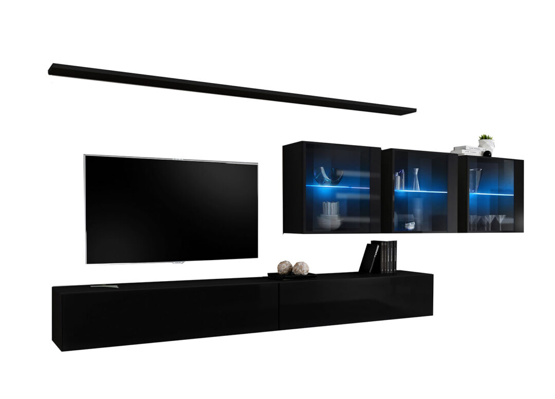 Ensemble tv mural noir laqué à led