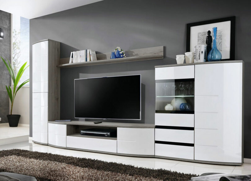 Ensemble télé contemporain blanc et bois m