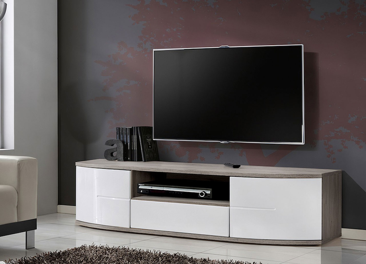 Meuble tv blanc laqué et chêne 150 cm de salon moderne