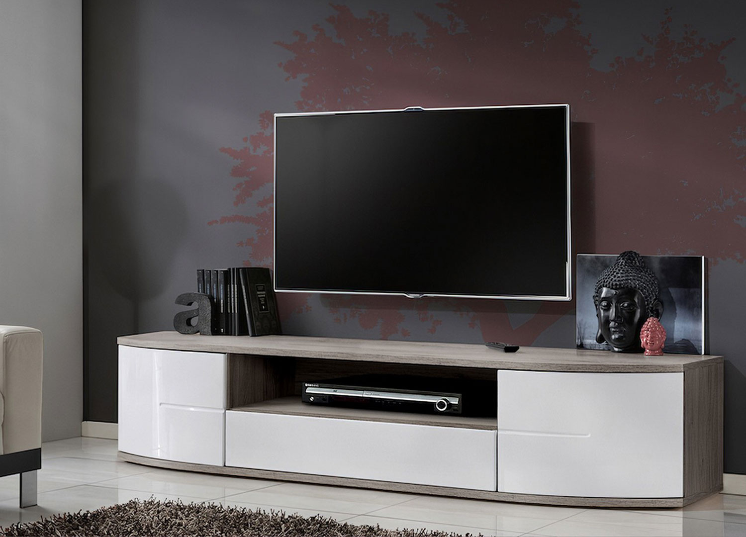 Meuble TV moderne blanc laqué 200 cm pour salon