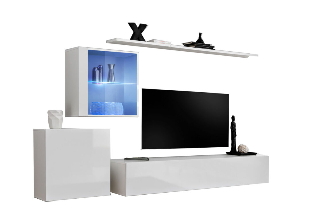 Meuble télé mural suspendu blanc à led