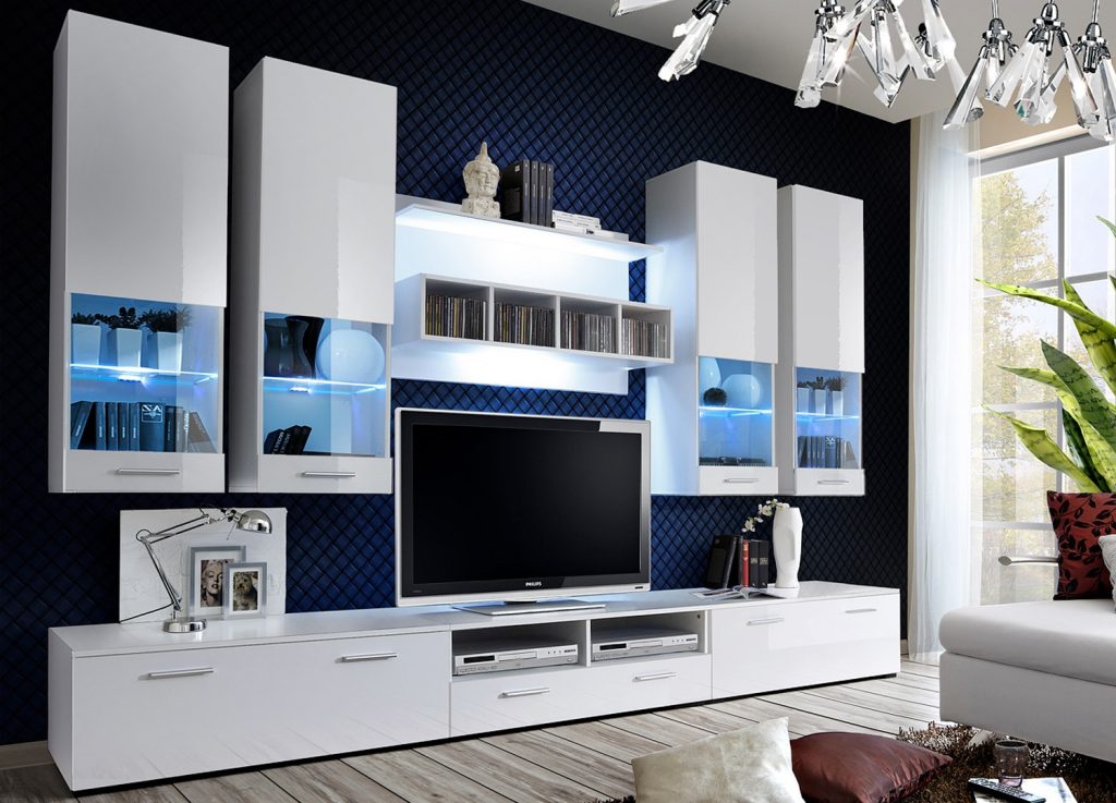 Meuble TV mural design blanc à led