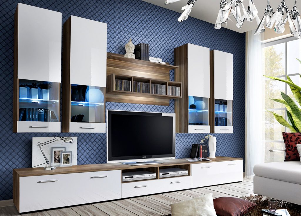 Meuble TV design mural blanc laqué et noyer