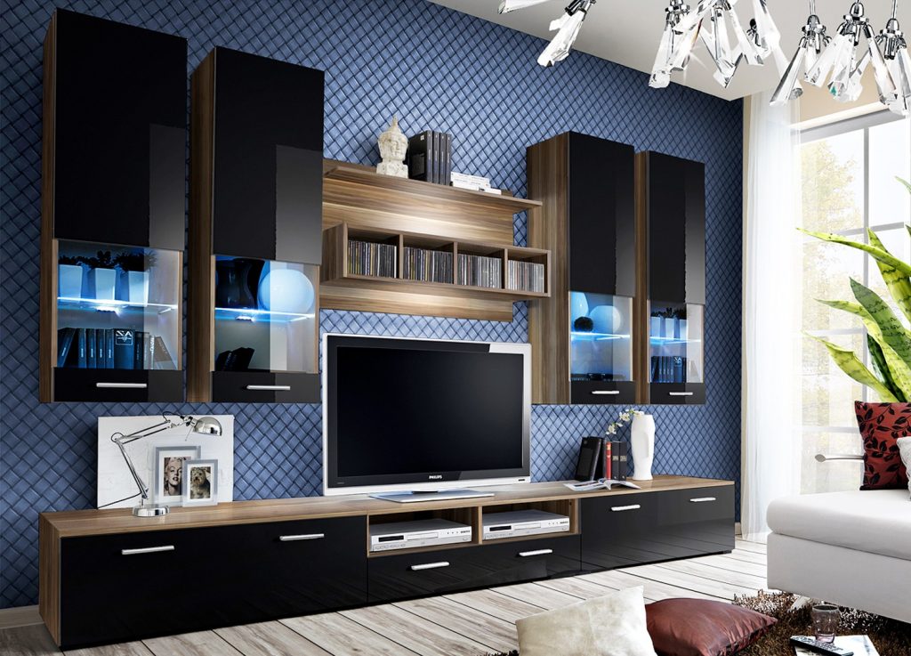 Meuble TV design noir laqué et noyer