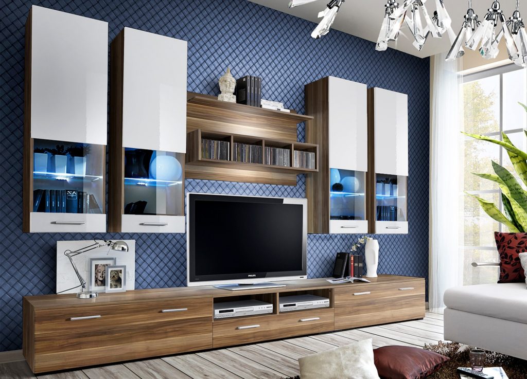 Ensemble TV mural blanc et bois
