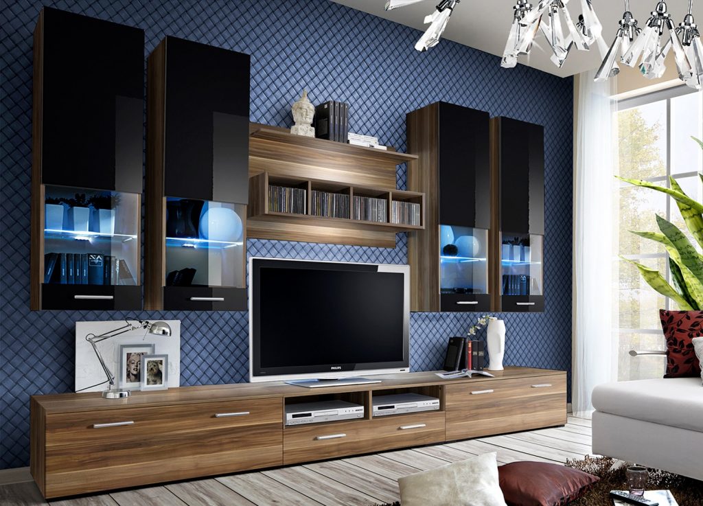 Ensemble TV mural noir et bois