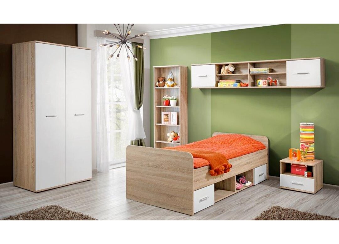 chambre d'enfant complète blanche et décor chêne