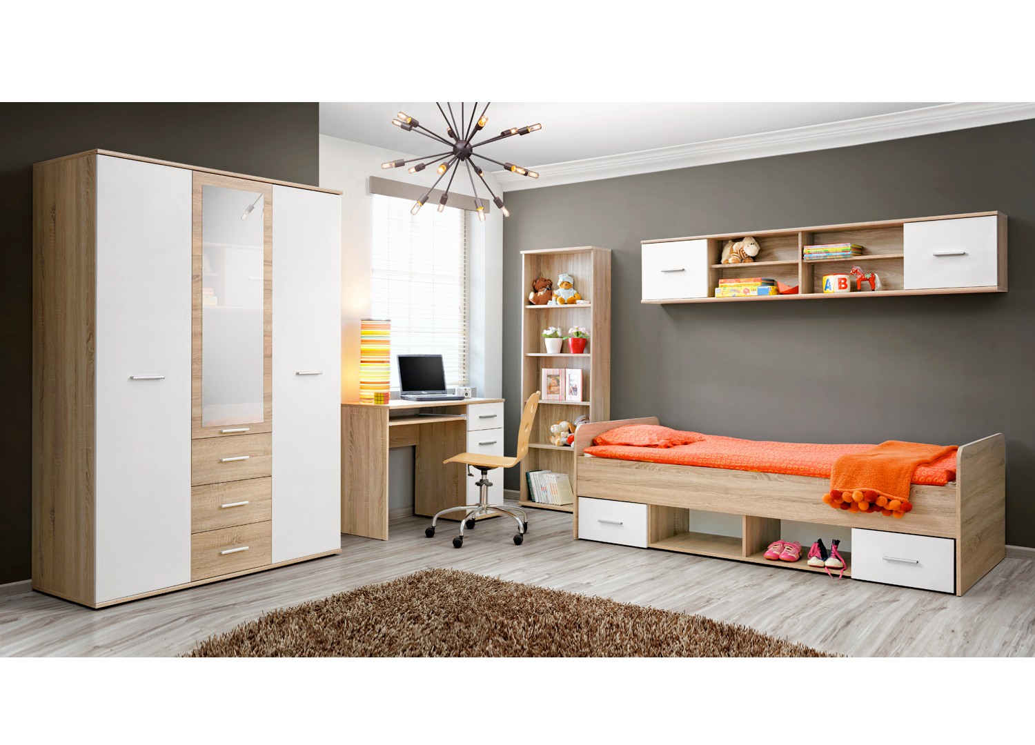 Chambre d'enfant complète moderne décor blanc et bois