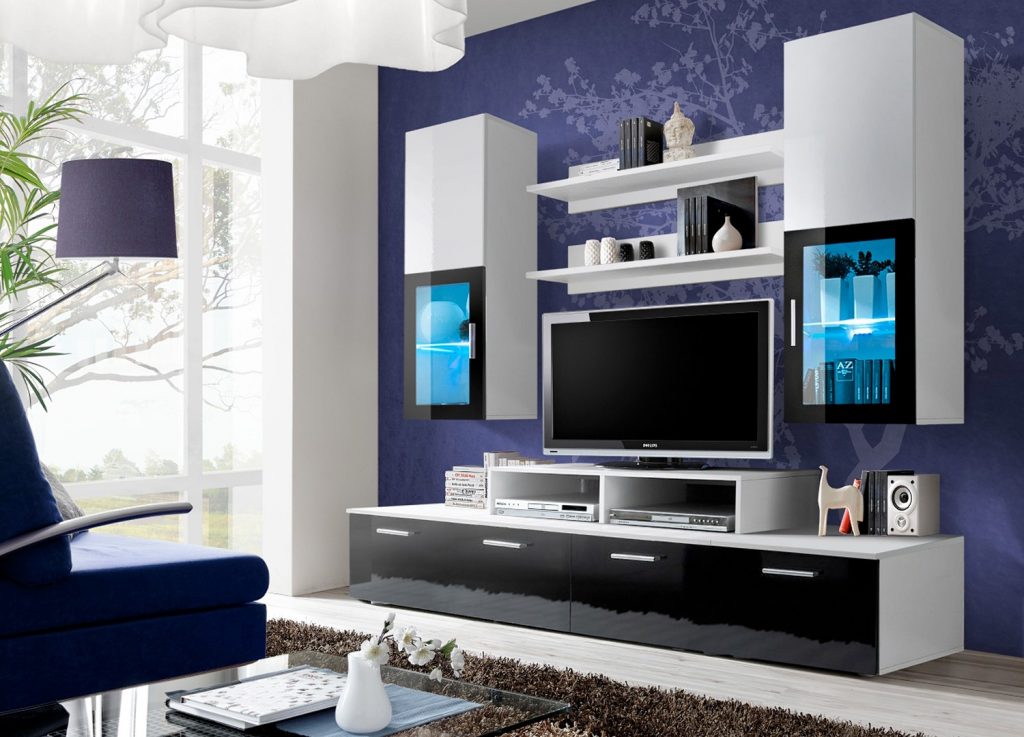 Meuble TV design noir laqué et blanc