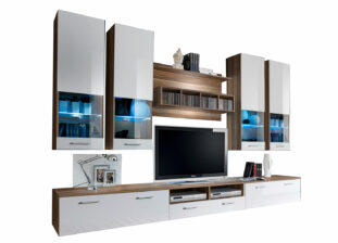Meuble tv mural blanc laqué et noyer