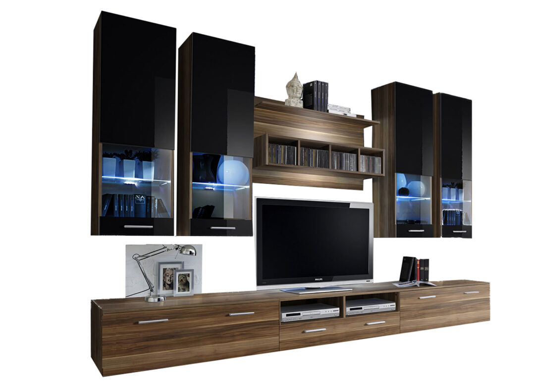 Meuble tv mural moderne noir et noyer