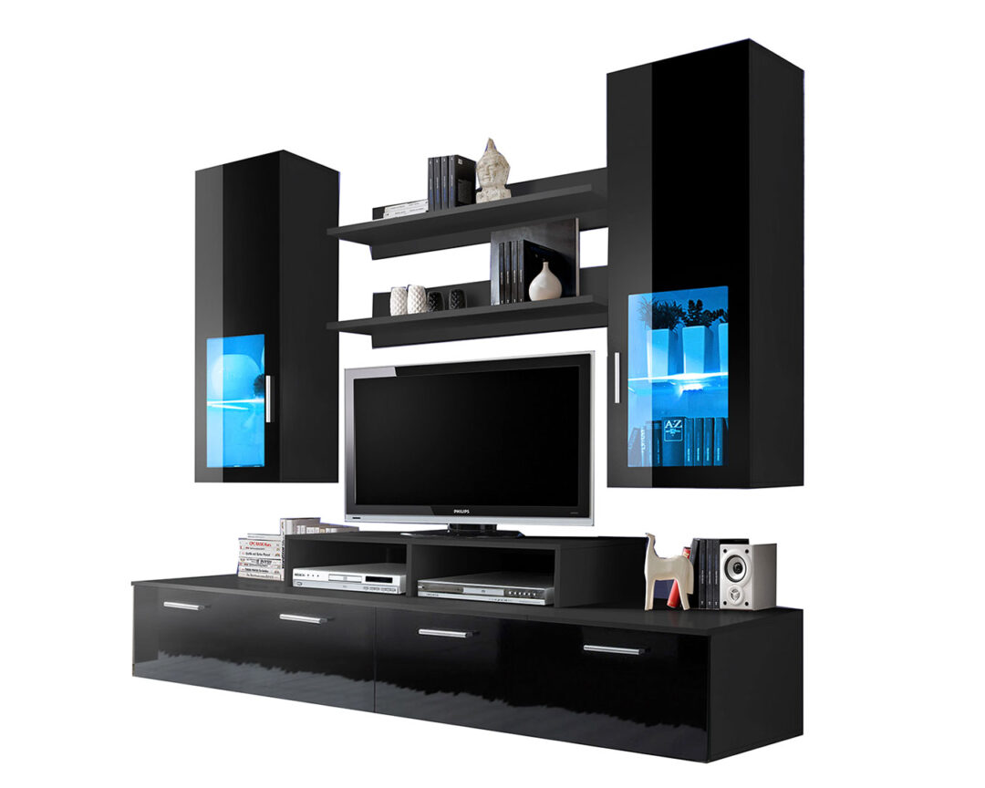 Meuble TV 4 Portes Laqué Noir Brillant - Deyton - Meuble TV