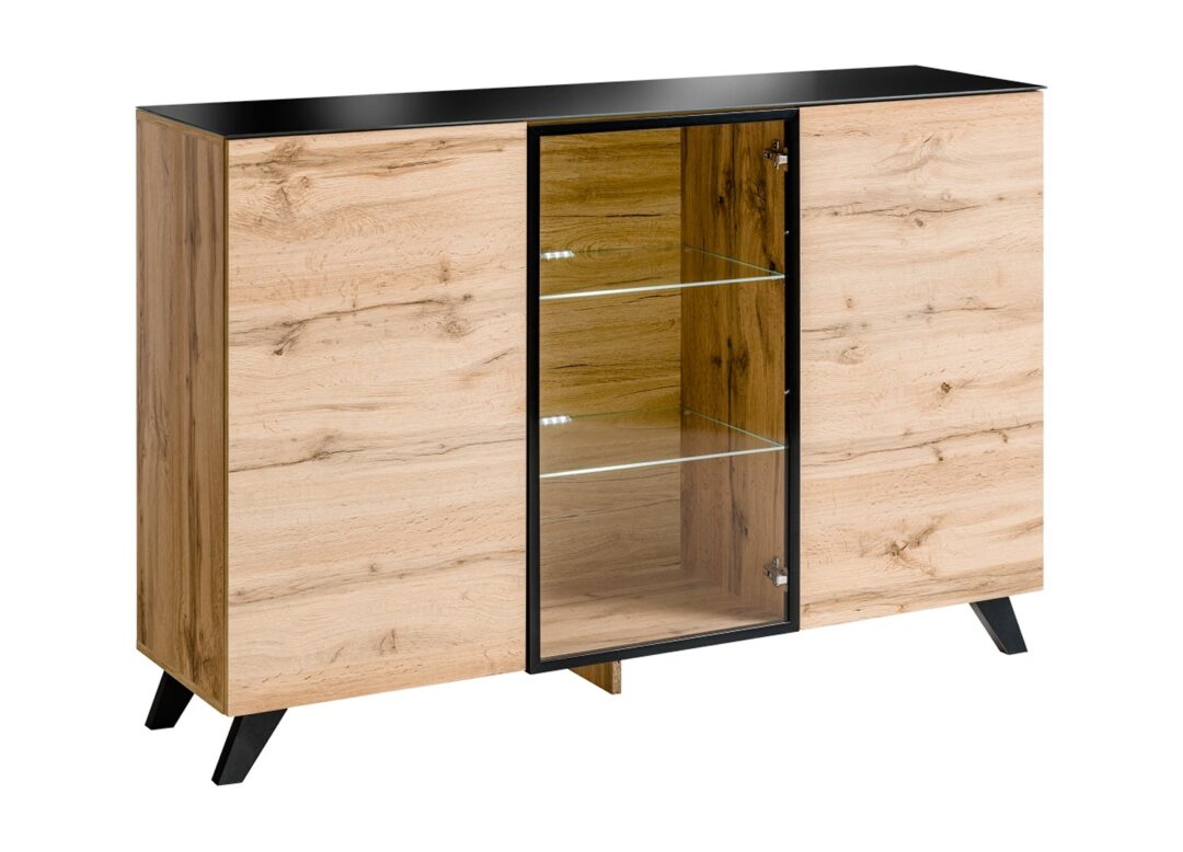 Buffet bahut design bois et verre noir à led