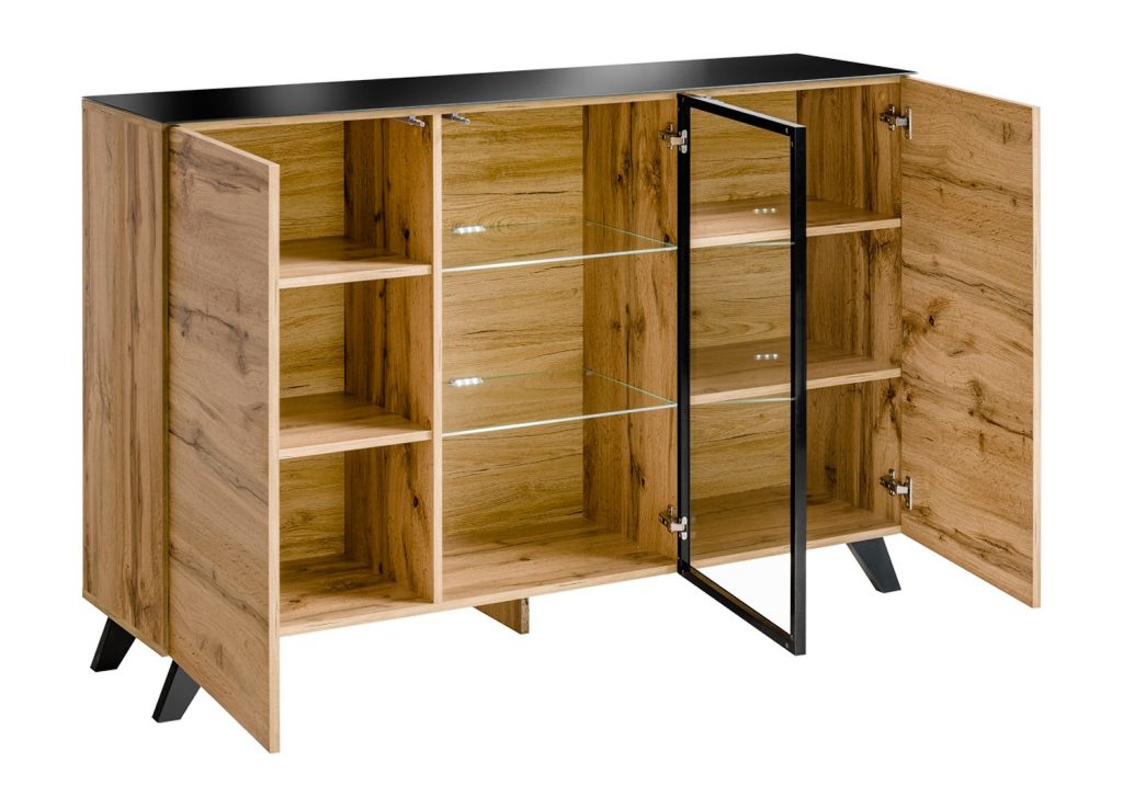 Buffet bahut design bois et verre noir à led