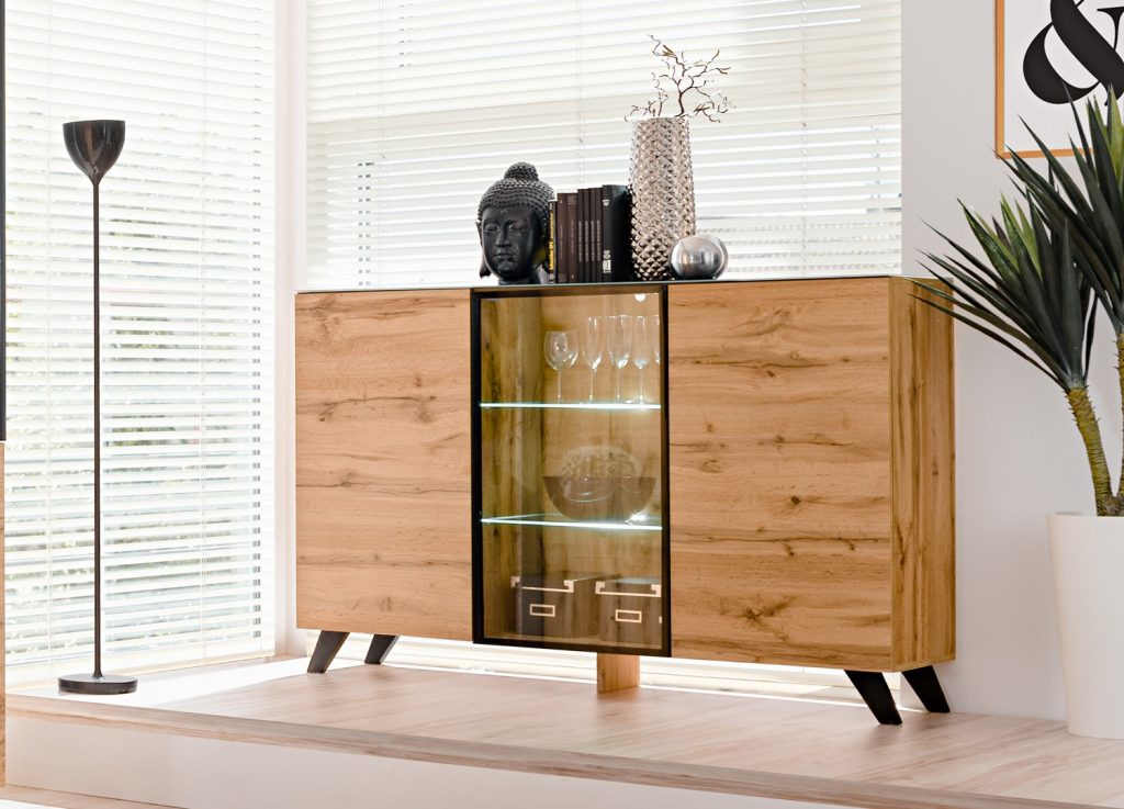 Buffet bahut design bois et verre noir à led