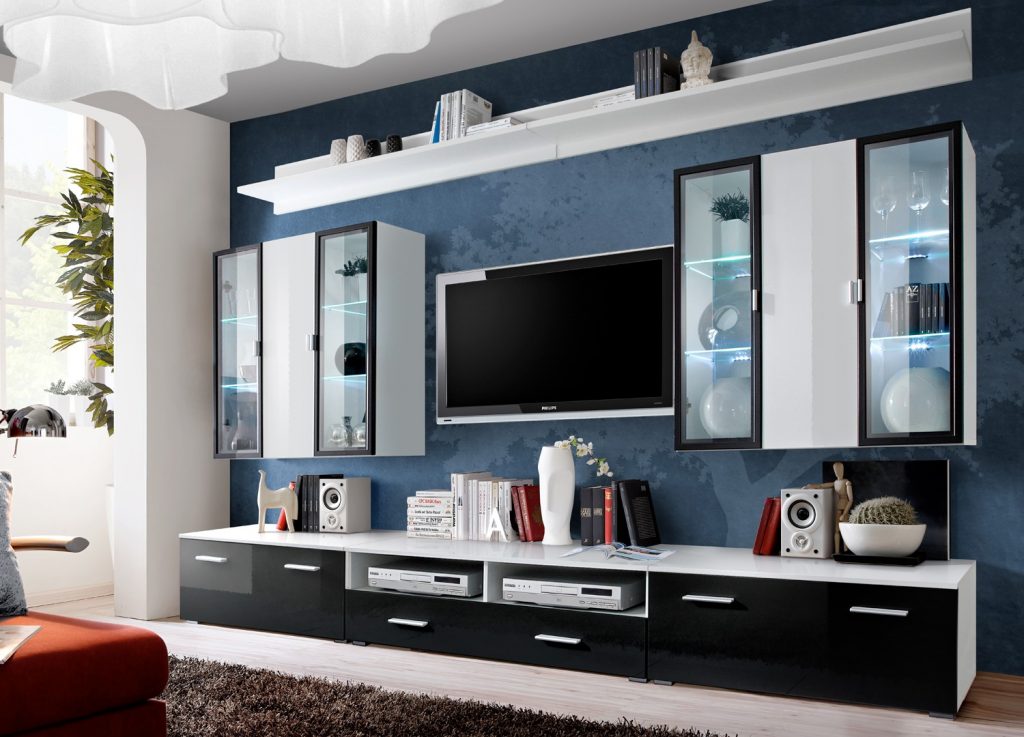 Ensemble meuble TV blanc et noir laqué