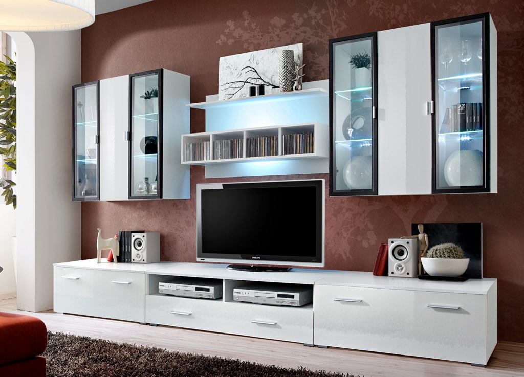 Meuble TV mural blanc laqué lumineux