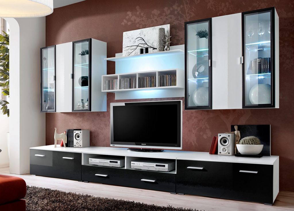 Meuble TV mural blanc & noir laqué à led