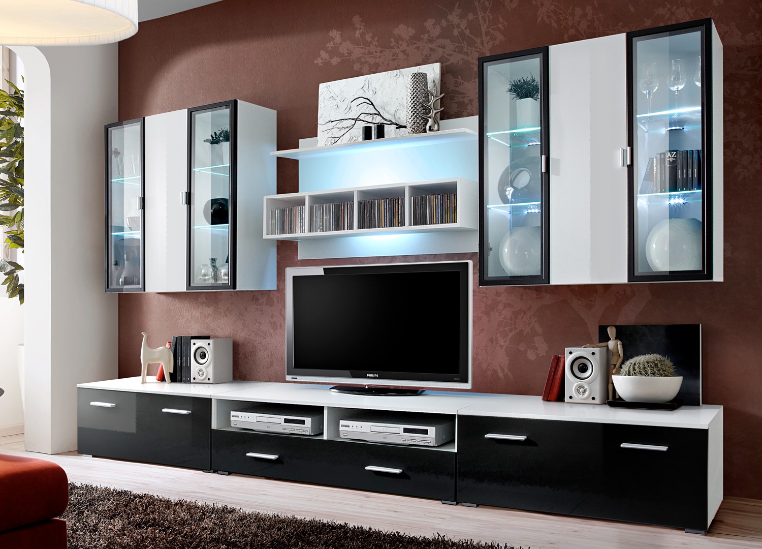 Meuble TV Mural Design Lyra 300cm Noir & Blanc