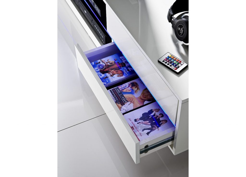 Meuble TV blanc design lumineux bleu