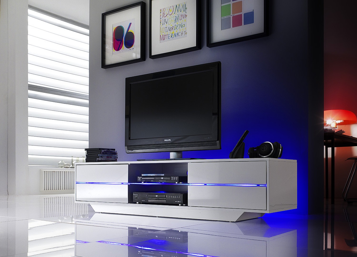 Meuble TV blanc design lumineux bleu