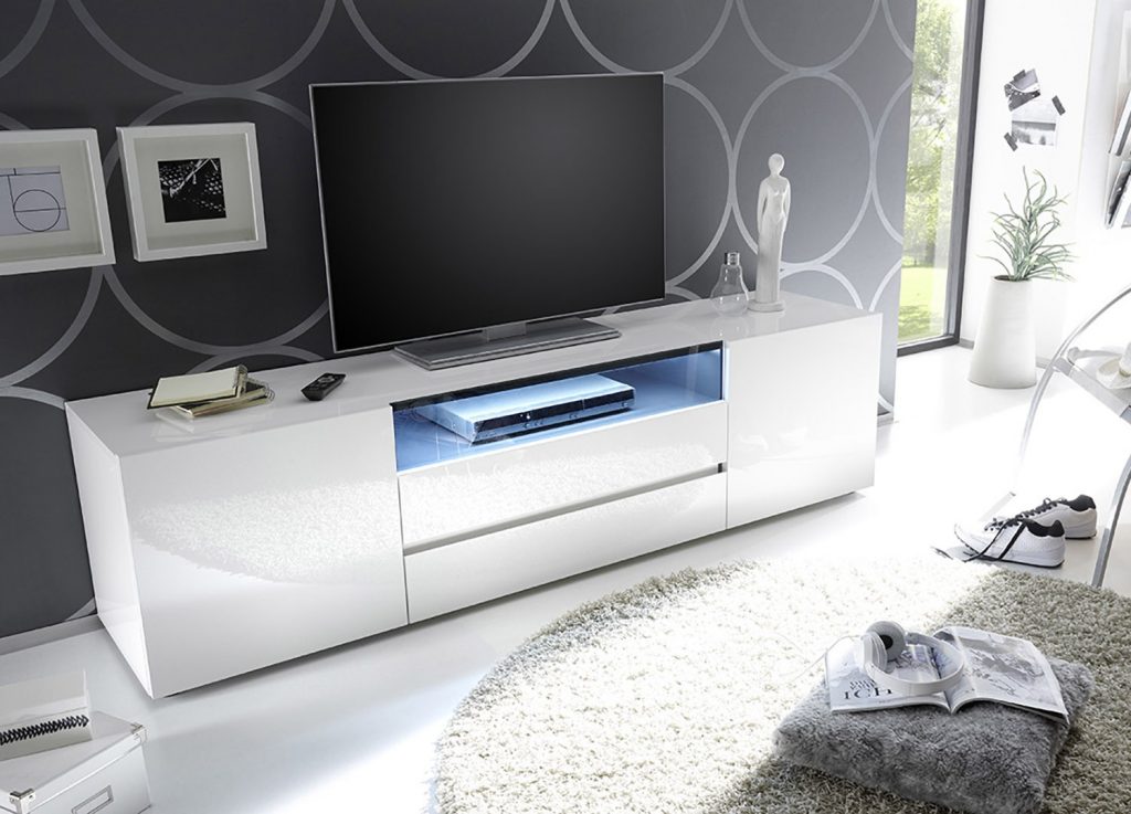 Meuble TV blanc laqué design avec éclairage