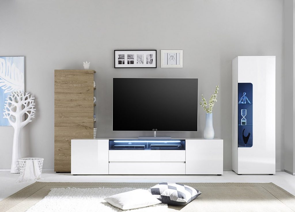 Meuble TV blanc et rangement bois chêne