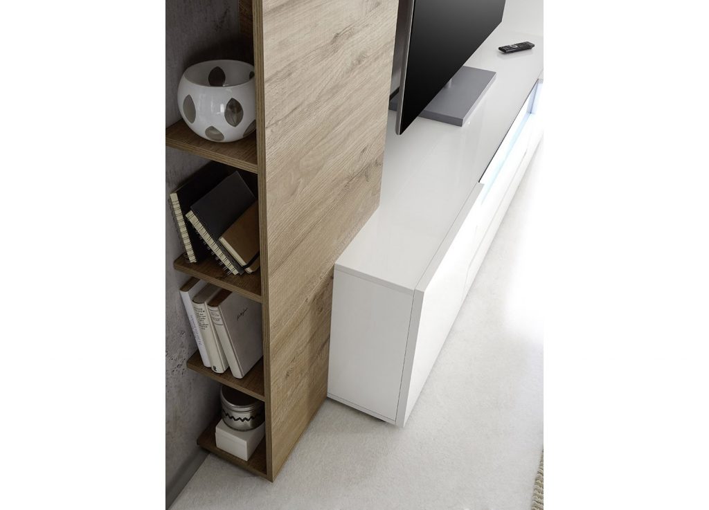 Meuble TV blanc et rangement bois chêne