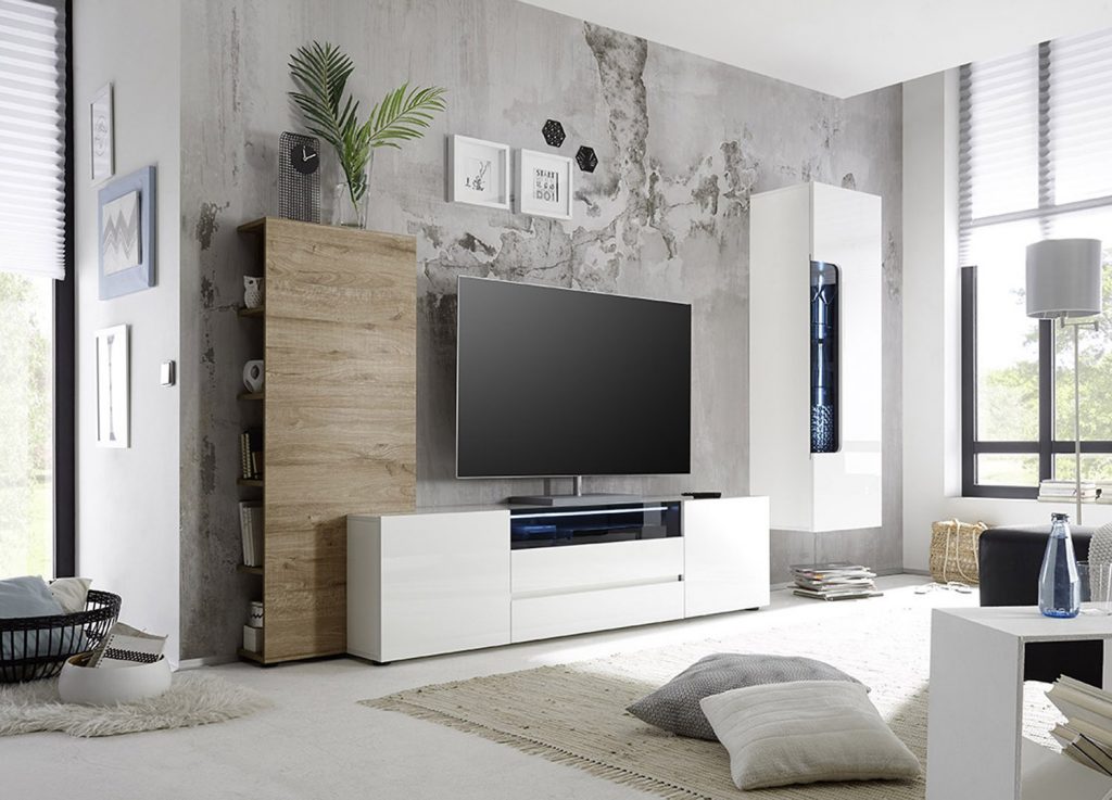 Meuble TV blanc et rangement bois chêne