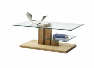 Table de salon plateaux en verre et socle en bois massif