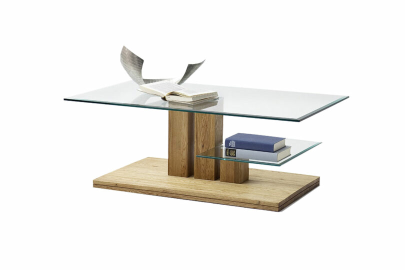 Table de salon plateaux en verre et socle en bois massif