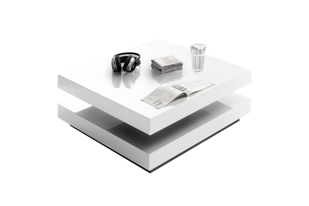 Table de salon laquée blanc brillant plateau pivotant