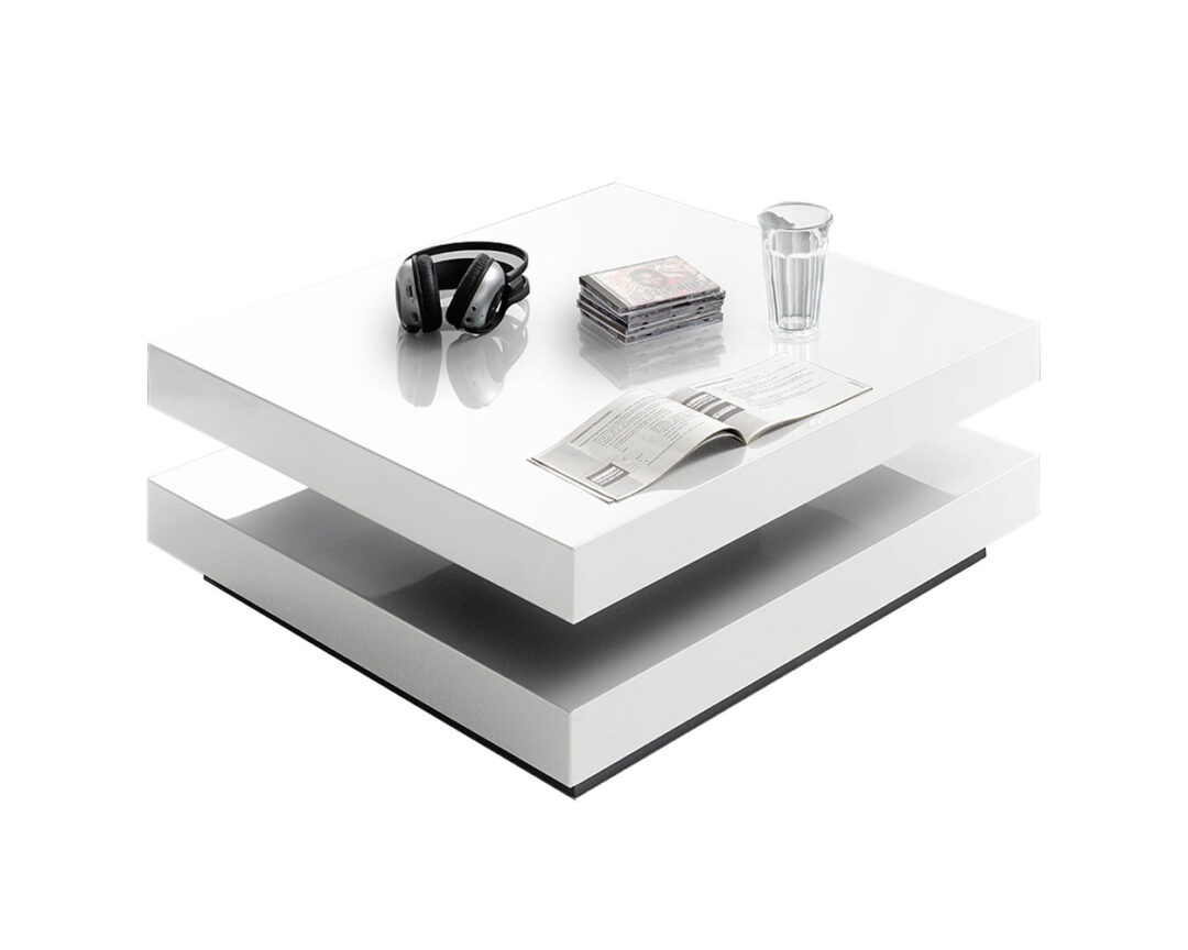 Table de salon laquée blanc brillant plateau pivotant