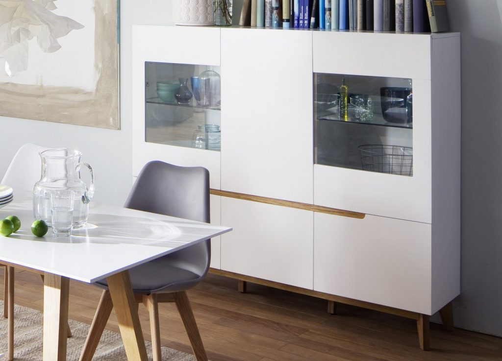 Buffet haut vitré scandinave blanc & bois