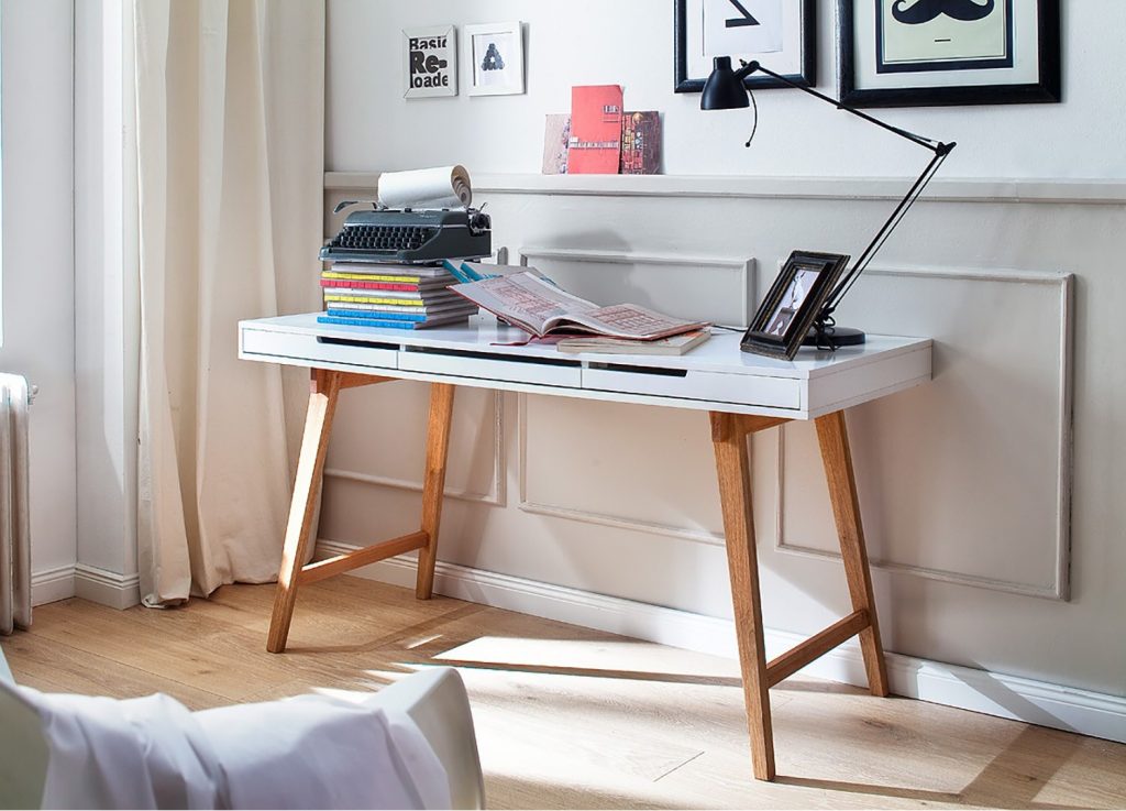 Table console blanc laqué mat & bois