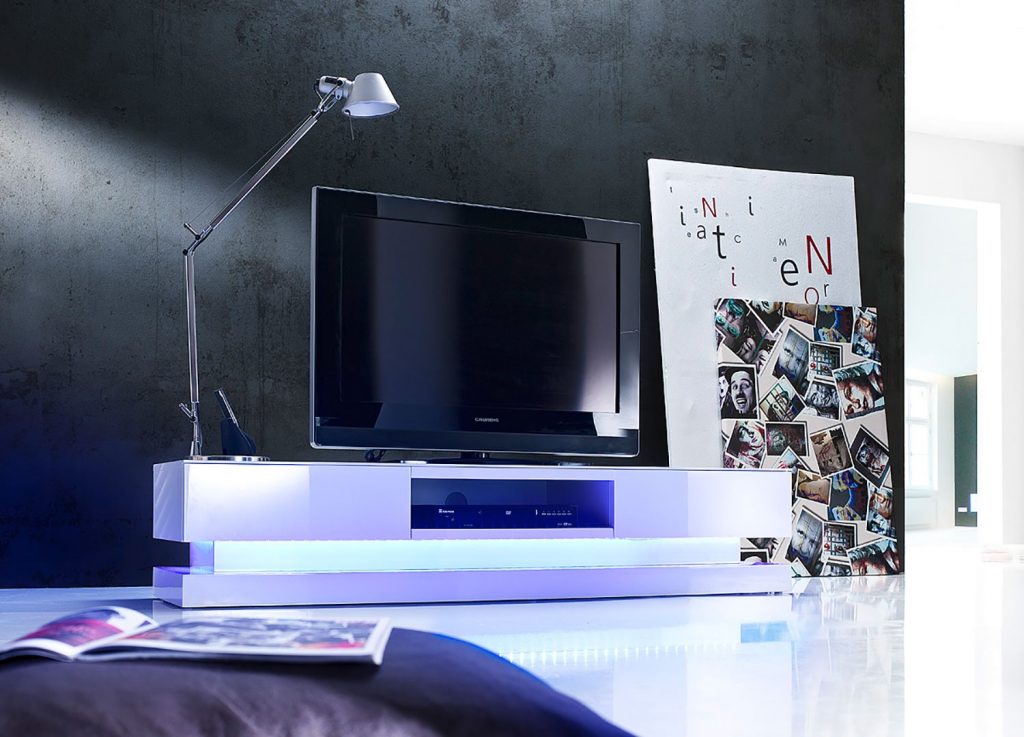 Meuble TV blanc laqué & éclairage télécommander