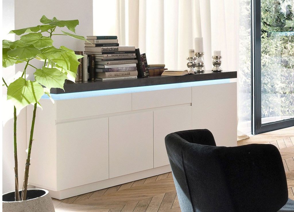 Buffet gris béton et blanc laqué à LED