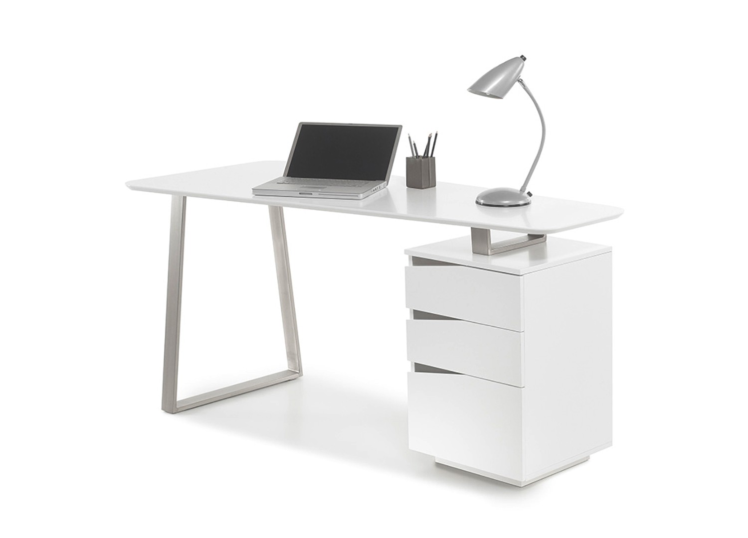 Bureau informatique moderne blanc laqué mat avec tiroir