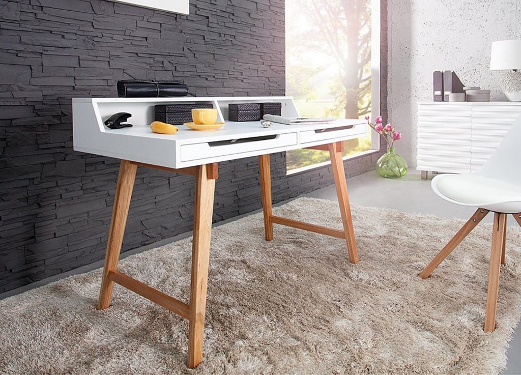 Table ordinateur portable blanc laqué mat & bois