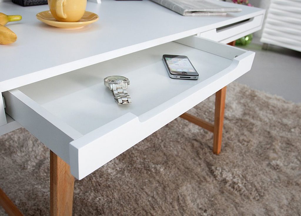 Table ordinateur portable blanc laqué mat & bois
