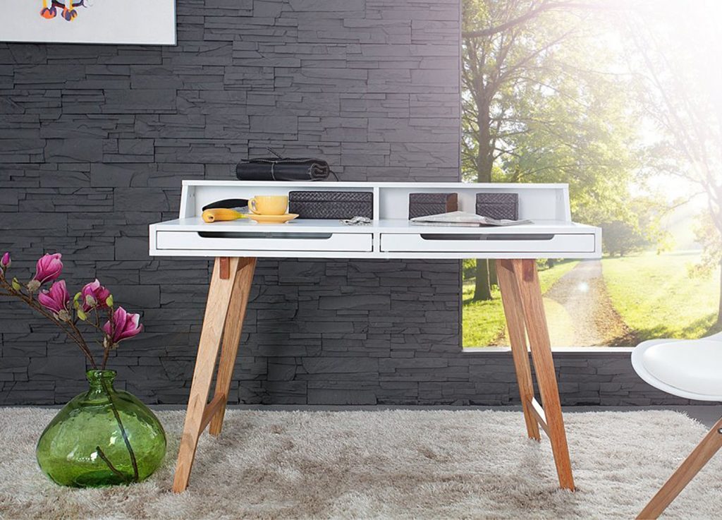 Table ordinateur portable blanc laqué mat & bois