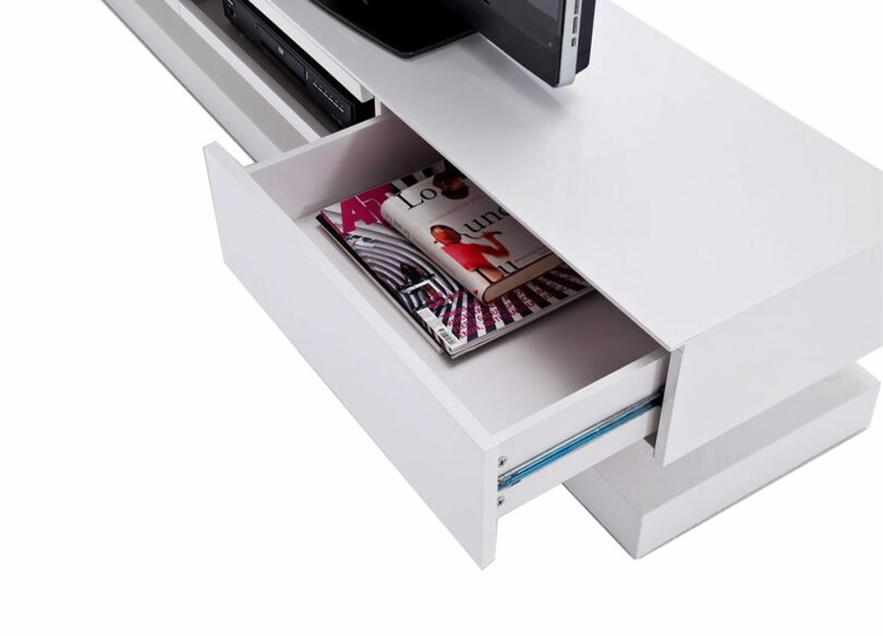 Meuble TV blanc laqué & éclairage télécommander