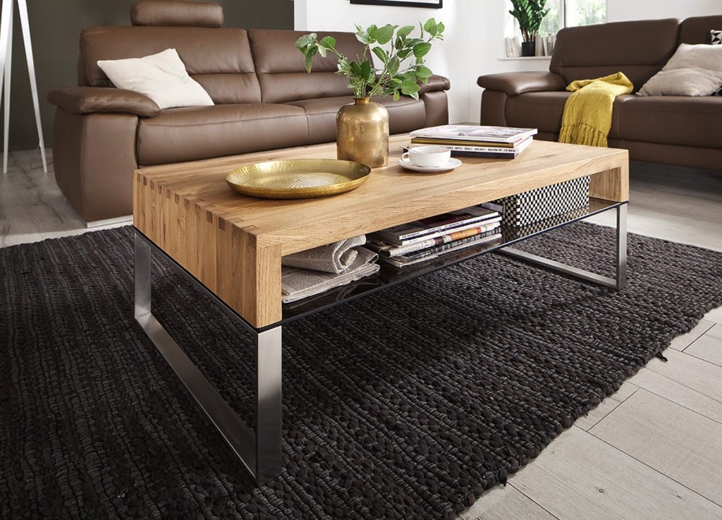 Table basse verre, bois et acier contemporaine