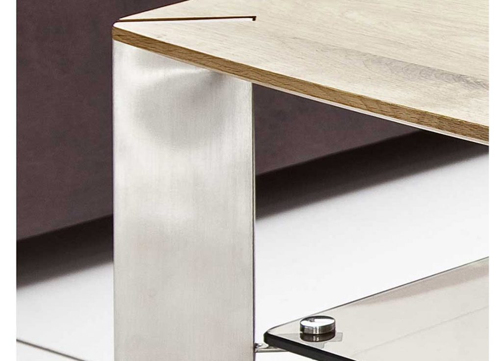 Table de salon contemporaine verre, bois et acier